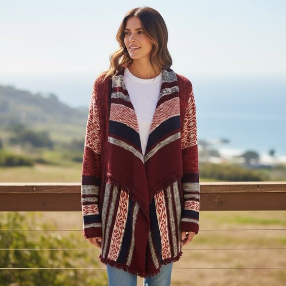 Natural Reflections Southwest Cardigan Womens Medium Burgundy Aztec Chunky Knit - Picture 1 of 9